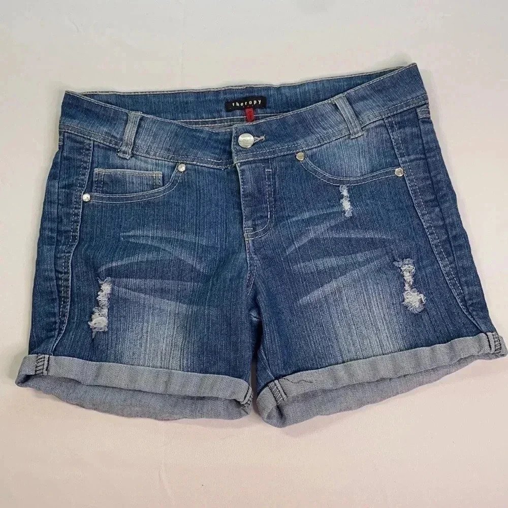Therapy Denim Shorts Women Size 3 Blue Distressed Cuffed Mid Rise 547793